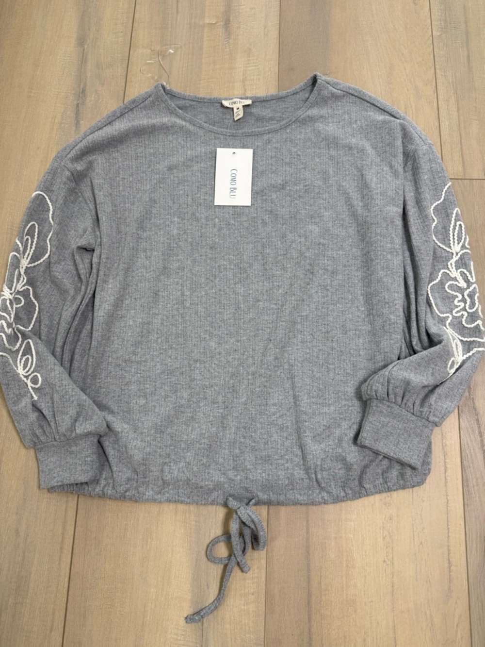 Cozy Embroidered-Sleeve Gray Drawstring Pullover by Como Blu